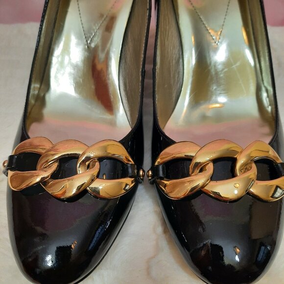 Guess Black Patent Leather Pumps US Size 9 High Heels Gold Chain Detail shoes - Picture 5 of 11